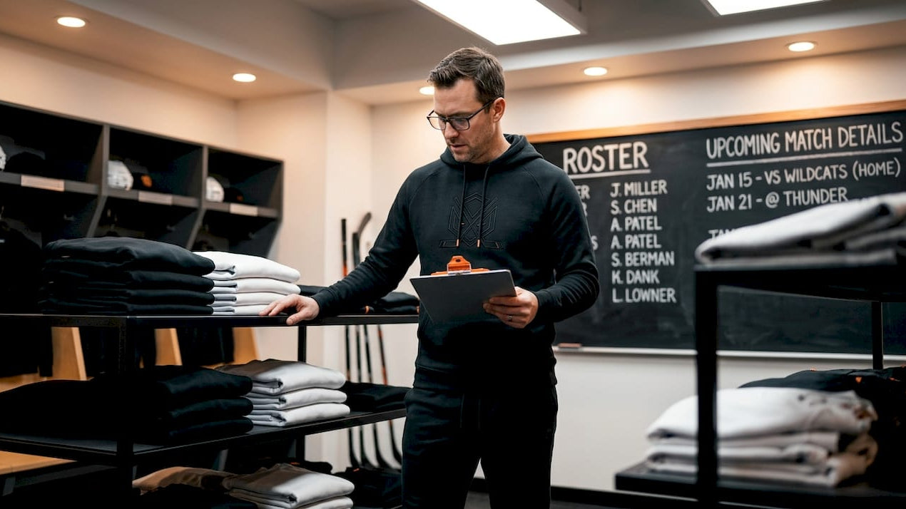 Coach reviewing youth hockey sweatshirts inventory