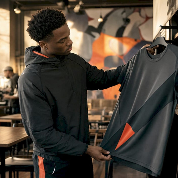 Athlete selecting athletic cut sportswear in store