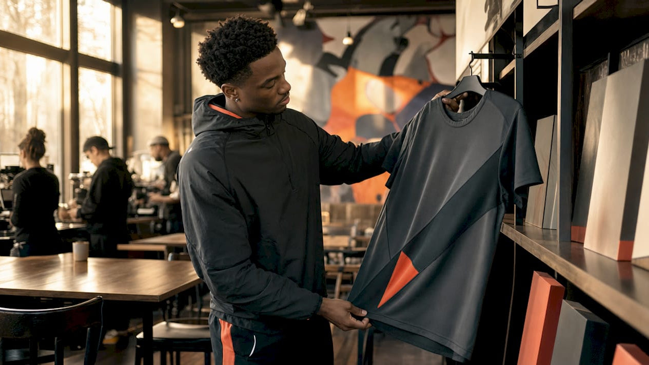 Athlete selecting athletic cut sportswear in store