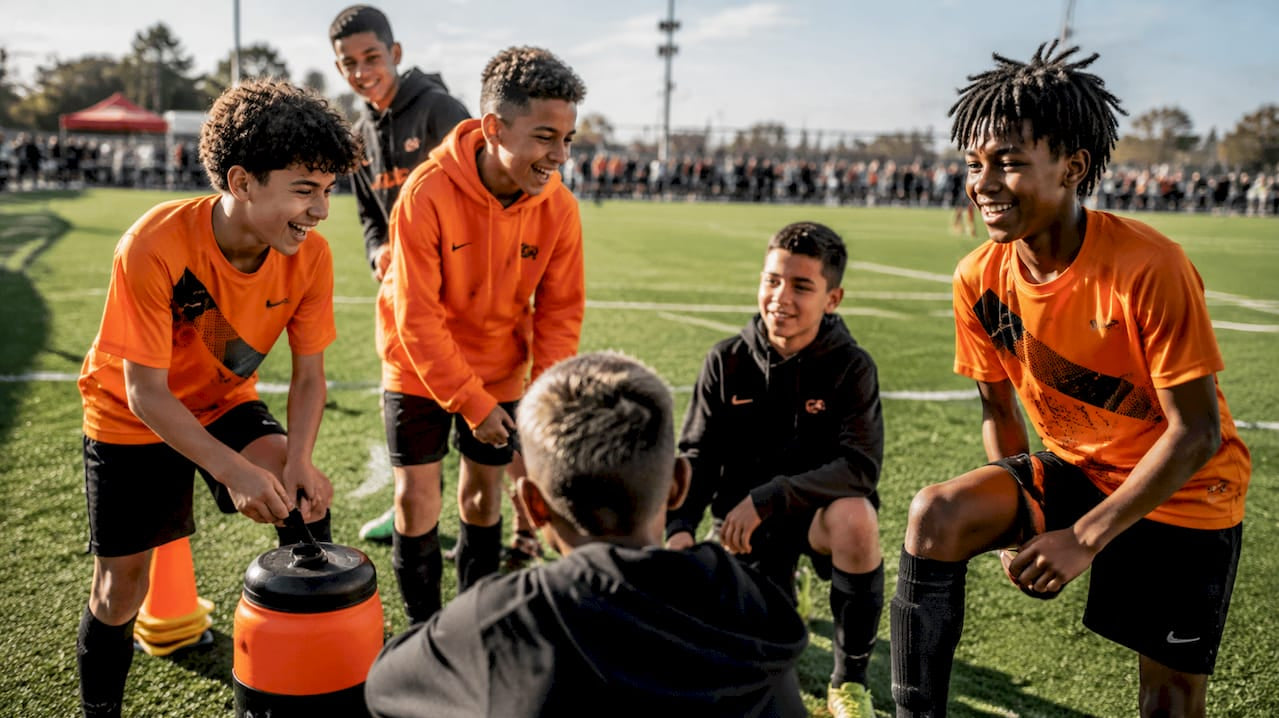 Youth athletes wearing team spirit wear on field