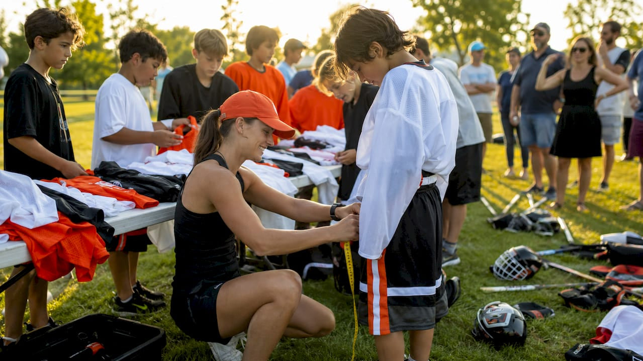 Youth hockey team trying on apparel with coach measuring sizes