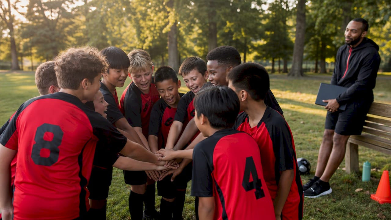 Youth soccer team in matching jerseys huddled