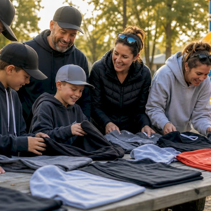 Group reviewing youth hockey fundraiser apparel samples