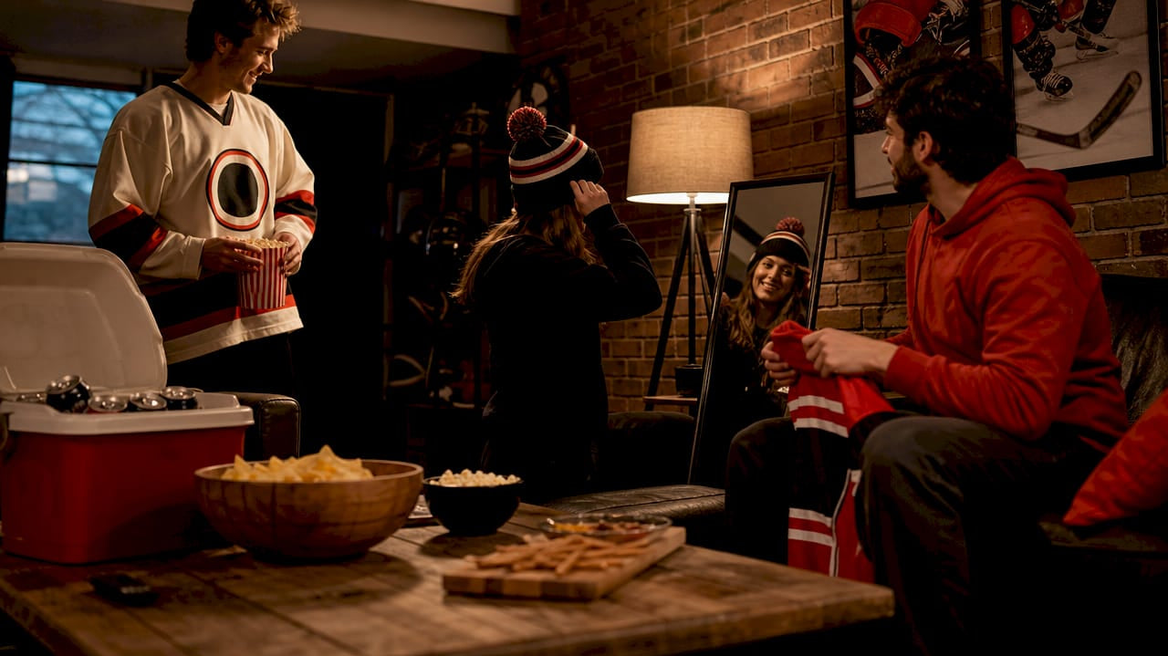 Hockey fans preparing with team apparel indoors