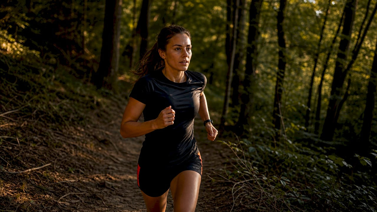 Athlete sprinting in performance polyester shirt outdoors