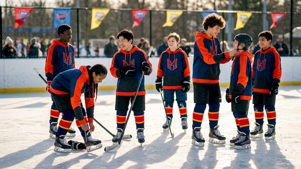 Hockey team wearing matching hoodies in locker room