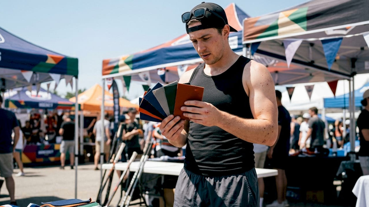 Hockey player examining fabric swatches