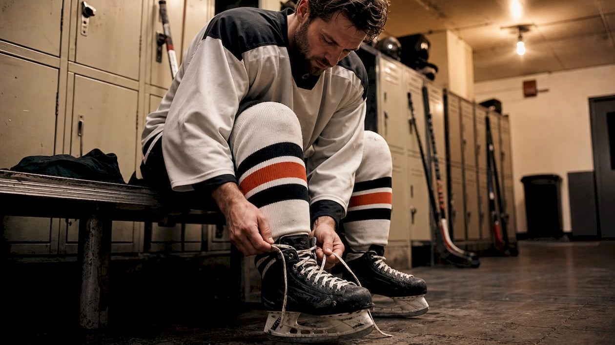 Adult hockey player lacing skates in locker room