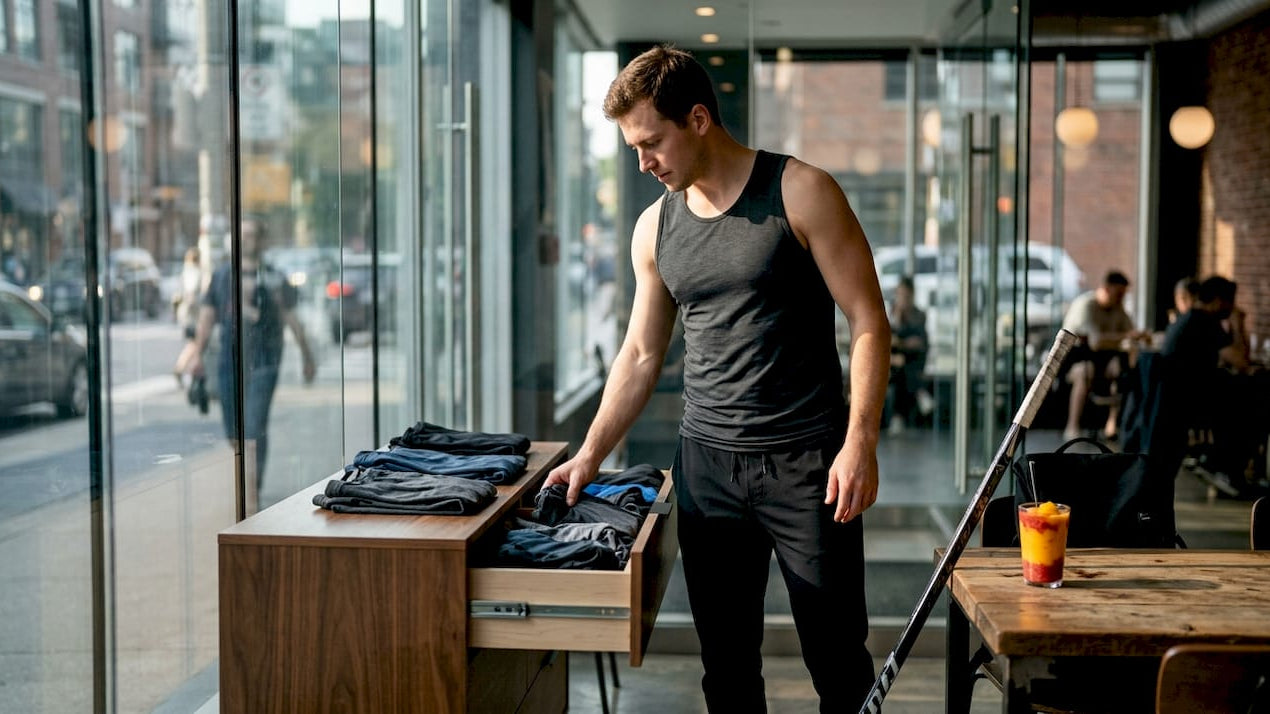Hockey player choosing training apparel in home gym