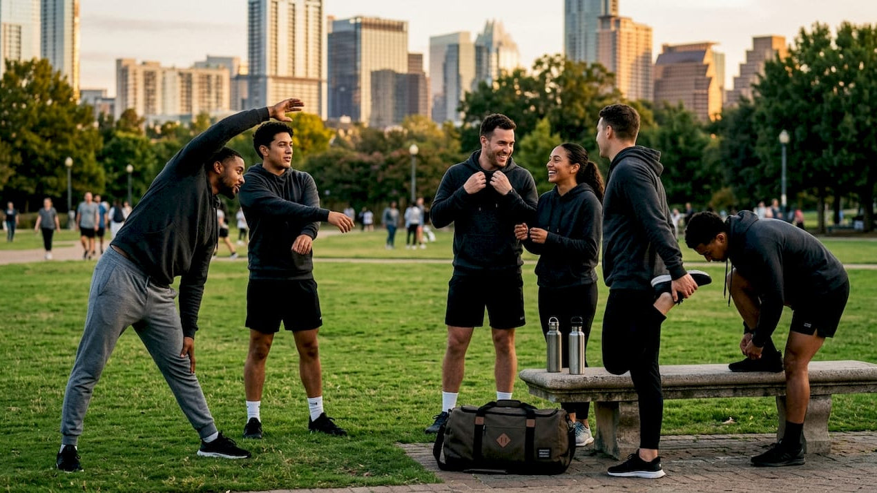 Group of athletes in team hoodies outdoors