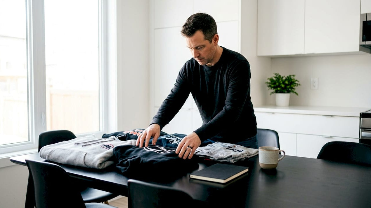 Parent organizing hockey keepsake apparel at home