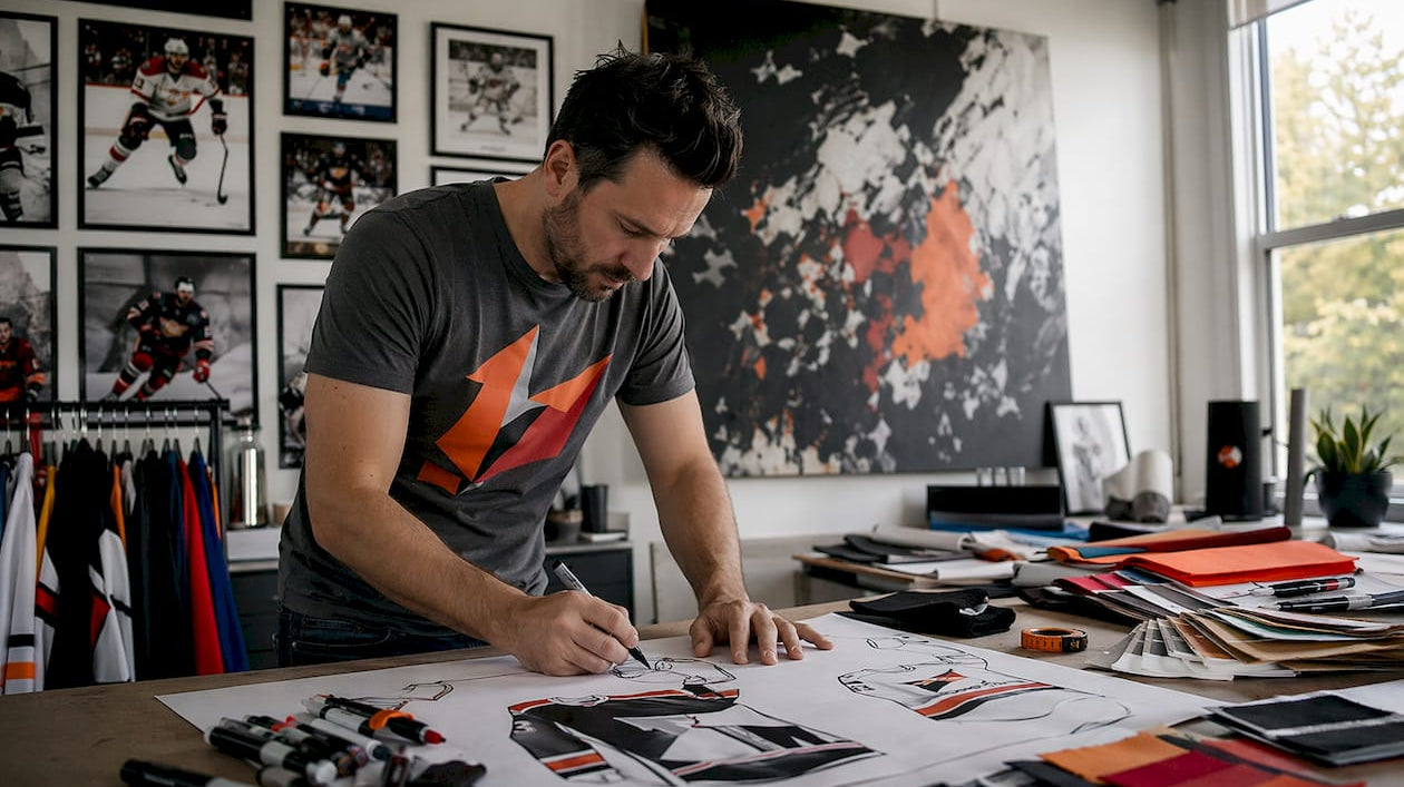 Designer sketching custom hockey jersey designs in studio