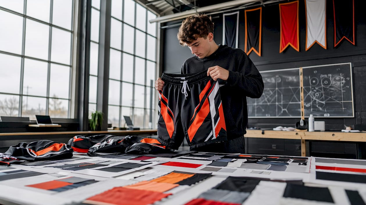 Coach reviewing custom hockey shorts samples