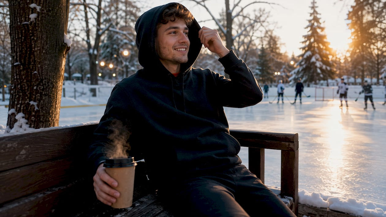 Hockey fan wearing hoodie near ice rink seating