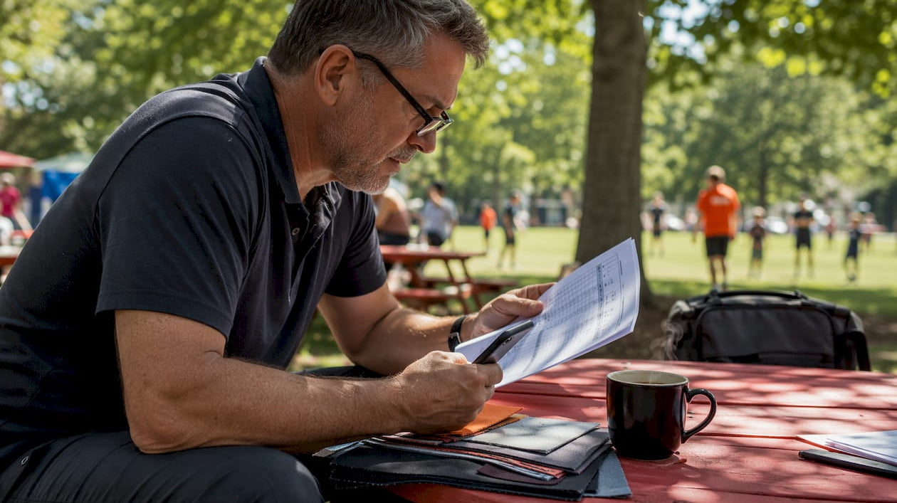 Coach reviewing team apparel order at laptop