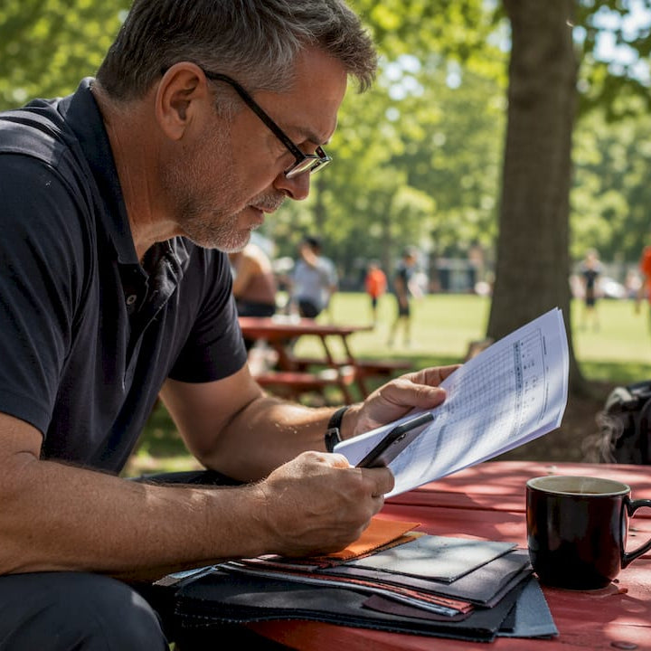 Coach reviewing team apparel order at laptop