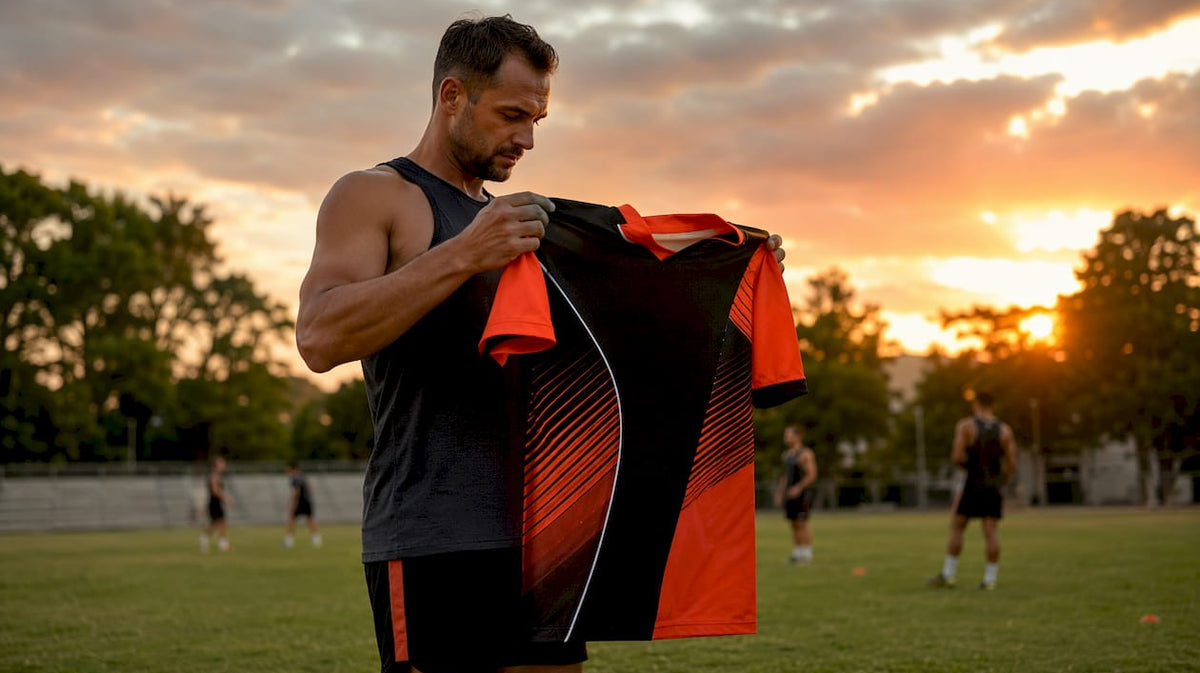 Coach examining professional team jersey in locker room