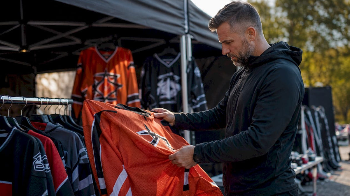 Coach examining custom hockey jersey materials