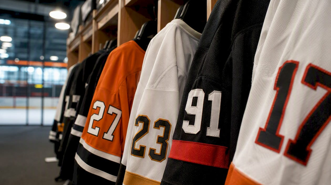Hockey uniforms with color combinations on rack
