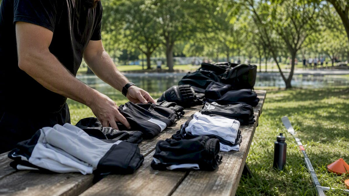 Coach sorting hockey apparel into piles