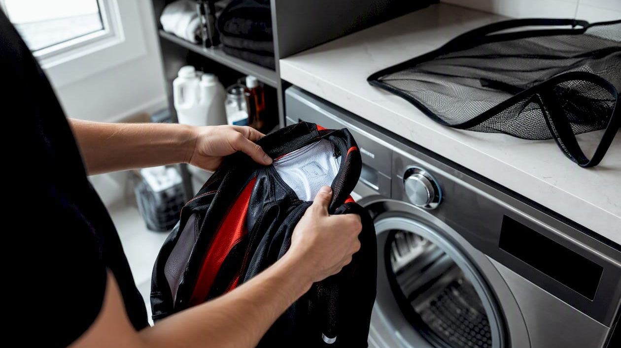 Hands turning hockey jersey inside out washing machine