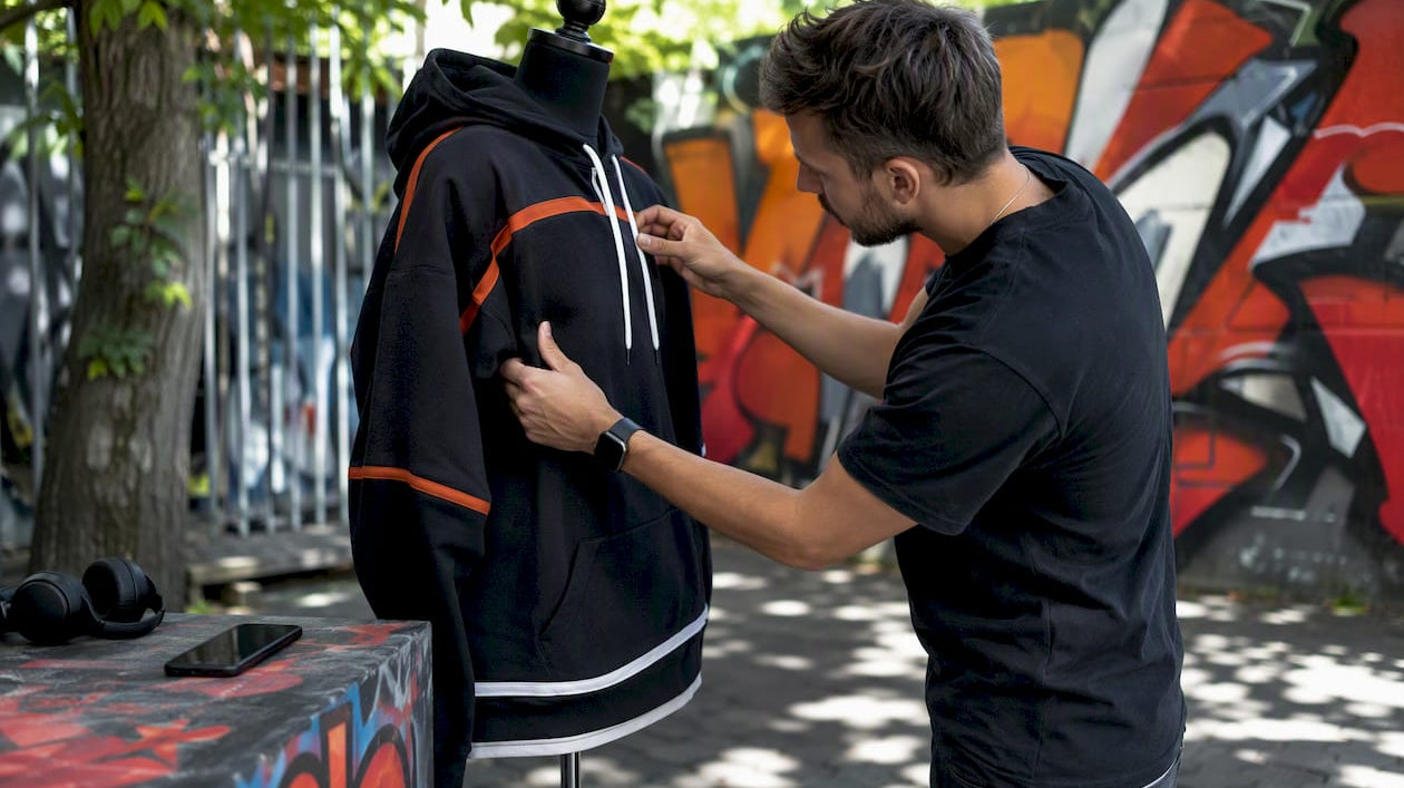 Creator adjusting hockey hoodie on mannequin