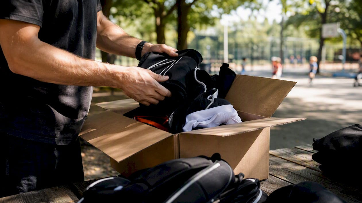 Hands packing hockey fan apparel in box