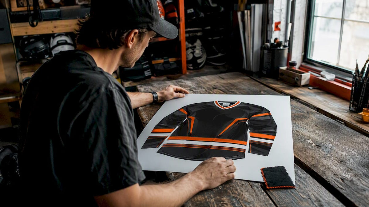Hands arranging digital apparel mockup on table