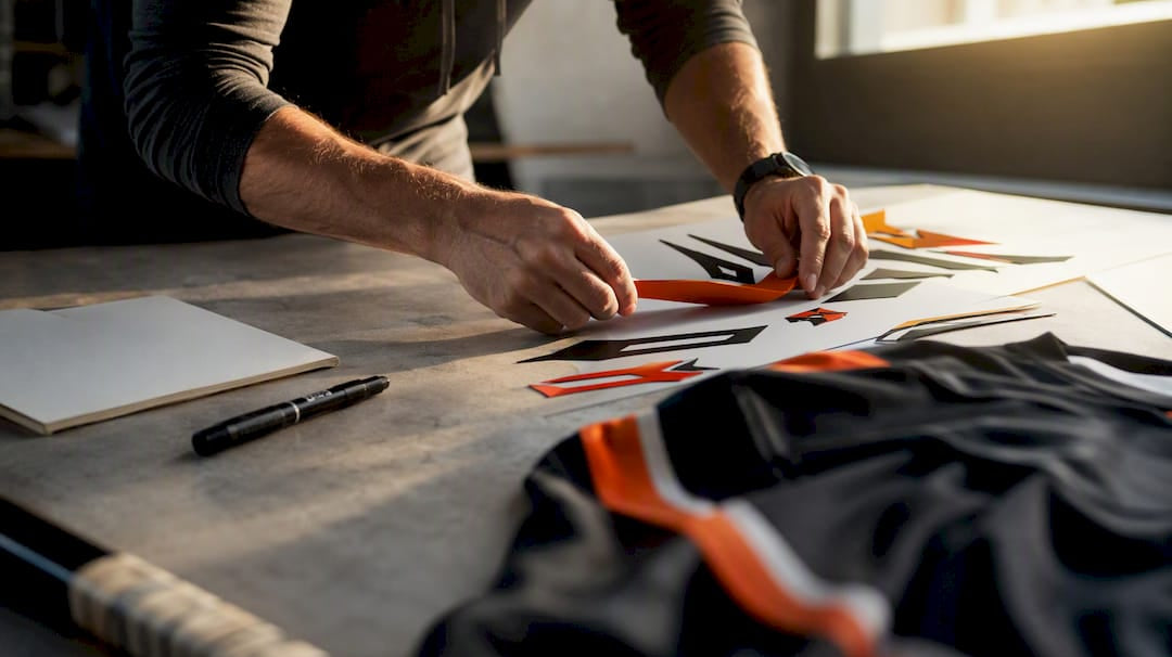 Hands arranging logo elements near hockey jersey fabric