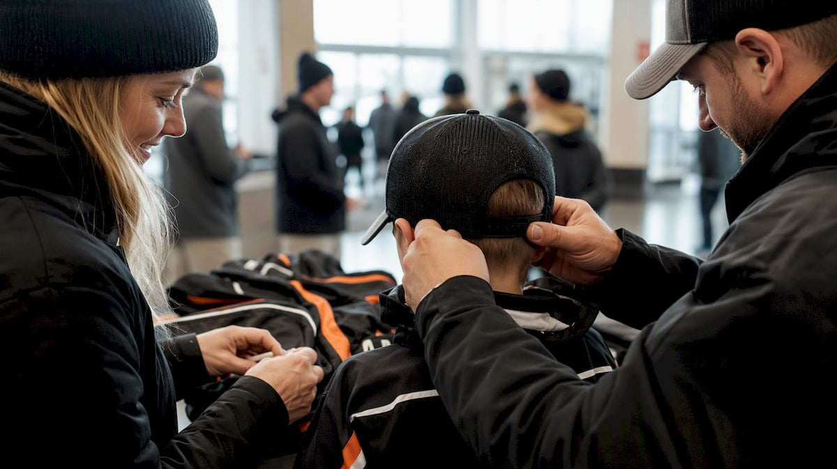 Family adjusting coordinated hockey apparel