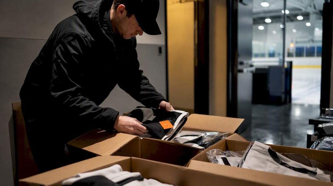 Manager receiving team gear at rink