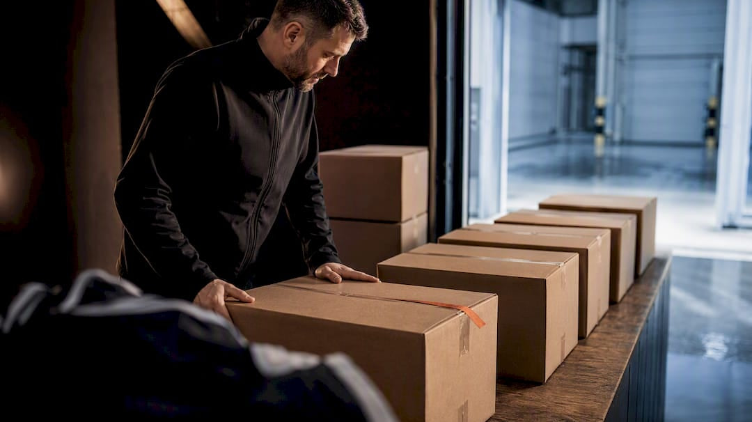 Manager reviewing staged hockey apparel shipment