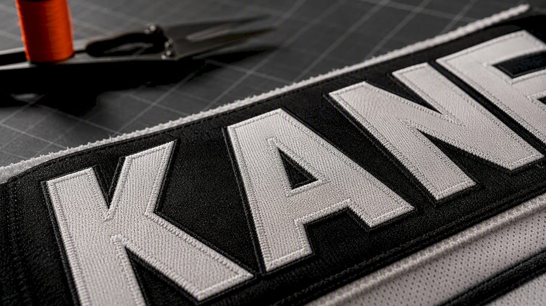 Close-up of stitched block jersey lettering