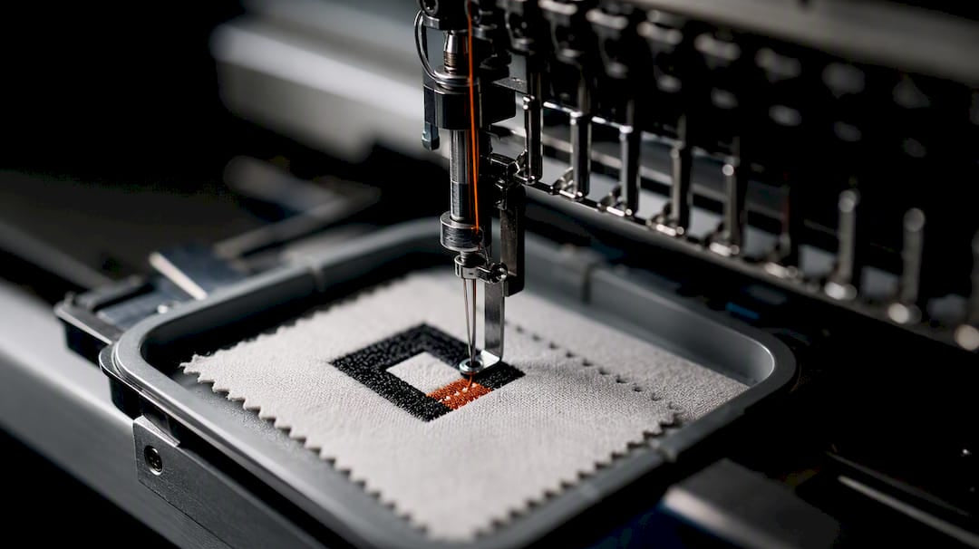 Embroidery needle stitching a logo sample