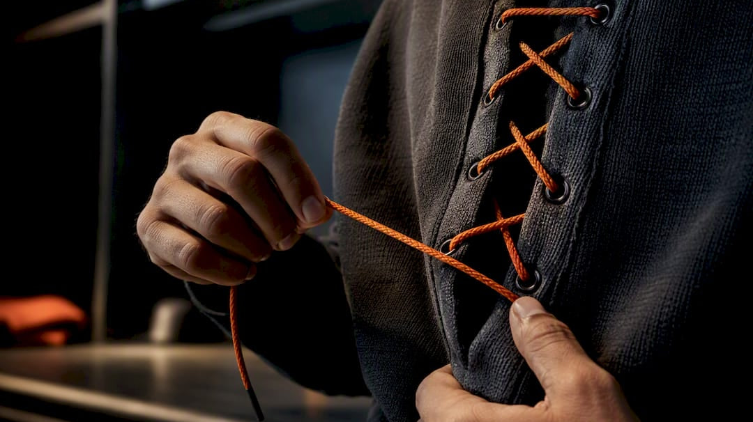 Hands adjusting hockey-style split placket laces
