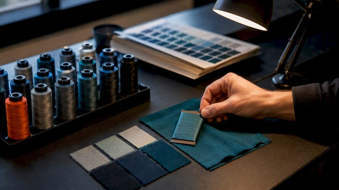 Thread spools compared with fabric color swatches