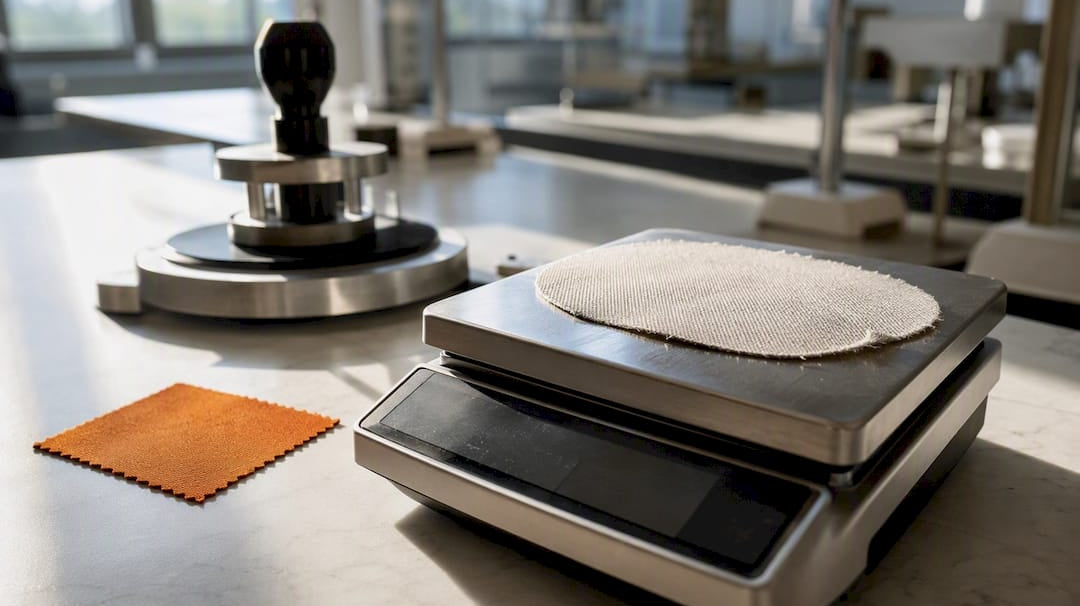 Fabric sample being weighed for GSM