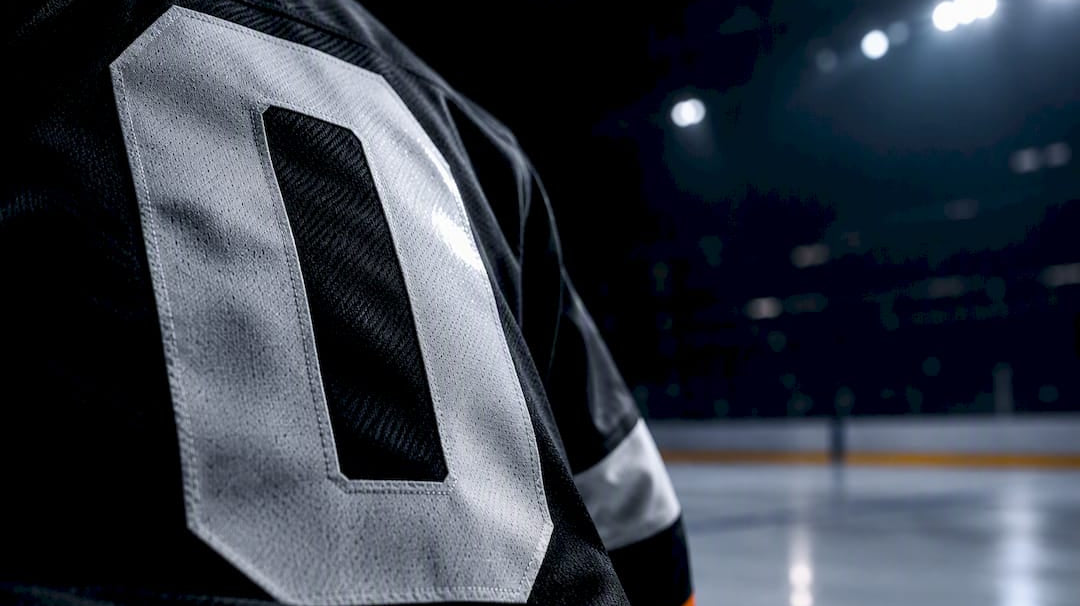 Contrasting hockey jersey numeral under rink lighting