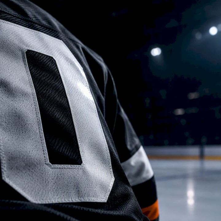 Contrasting hockey jersey numeral under rink lighting