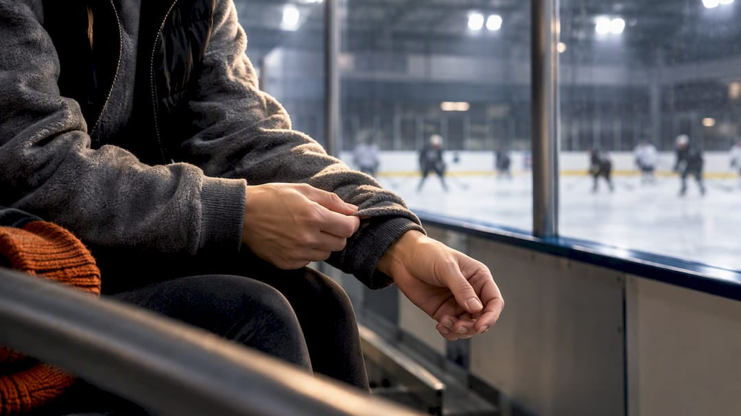 Hockey parent layering up beside rink