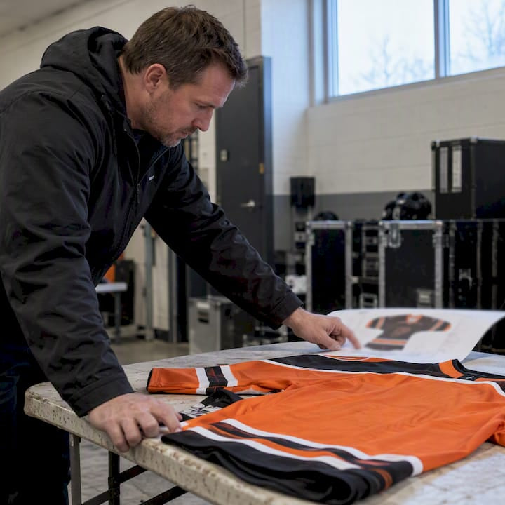 Coach reviewing a custom hockey jersey proof