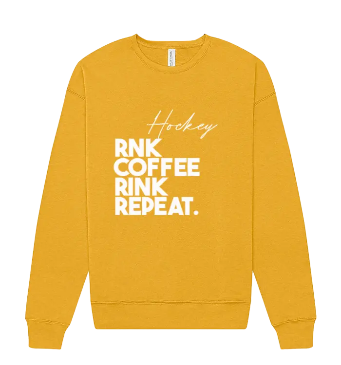 Unisex RNK Apparel Co. fleece crewneck sweatshirt with coffee and rink repeat graphic design, in a cozy fleece fabric.