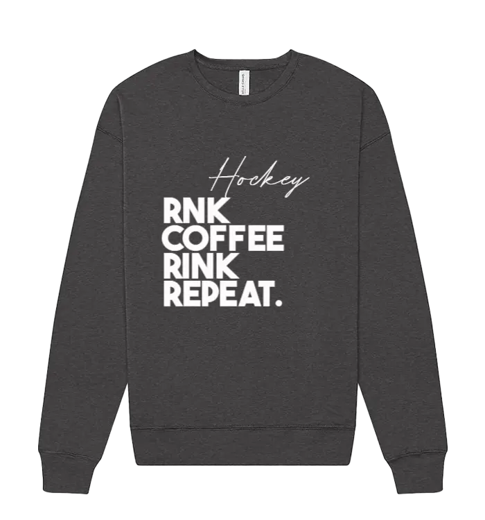 Unisex RNK Apparel Co. fleece crewneck sweatshirt with coffee Rink Repeat graphic design in a cozy, casual style.