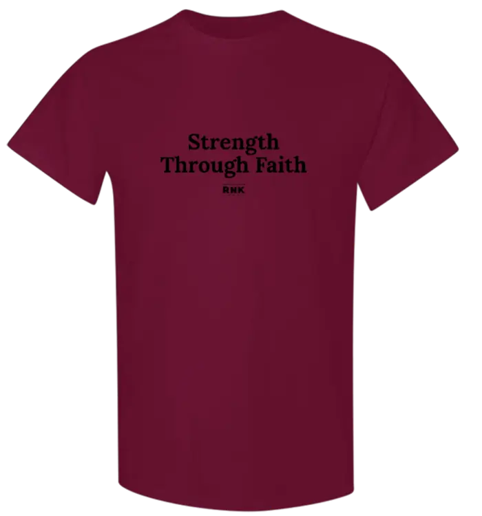 Youth Strength Through Faith hockey T-shirt by RNK Apparel Co., 100% cotton graphic tee featuring faith-based design.