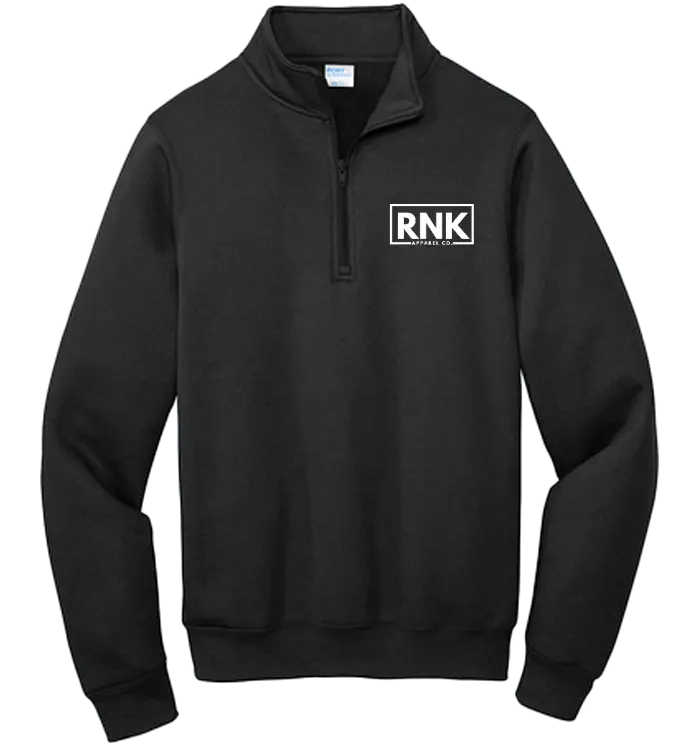 White RNK Apparel Co. unisex 1/4 zip fleece pullover with logo, showcasing a cozy, casual fleece sweater with a zipper and logo detail.