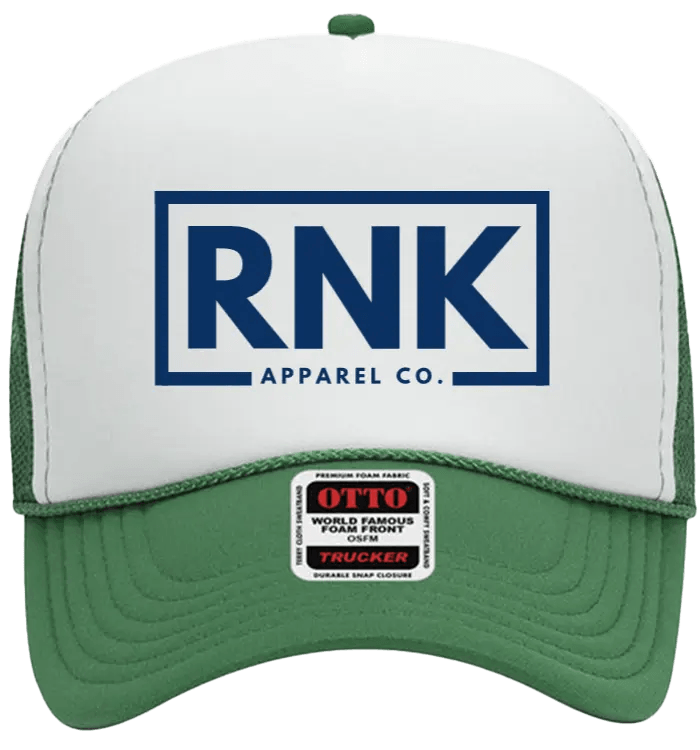 Navy hockey trucker hat with logo patch, featuring mesh back and adjustable strap, by RNK Apparel Co.