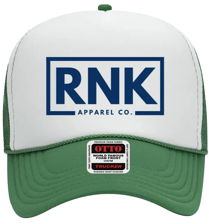 Navy hockey trucker hat with logo patch, featuring mesh back and adjustable strap, by RNK Apparel Co.