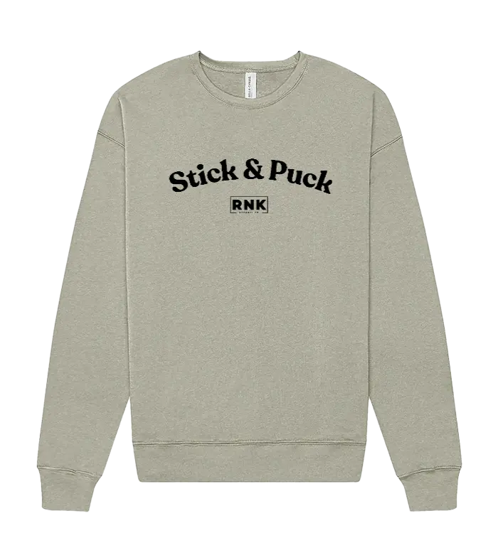 RNK Unisex fleece crewneck sweatshirt with Stick & Puck graphic, featuring a cozy fit and casual style in a soft fabric.