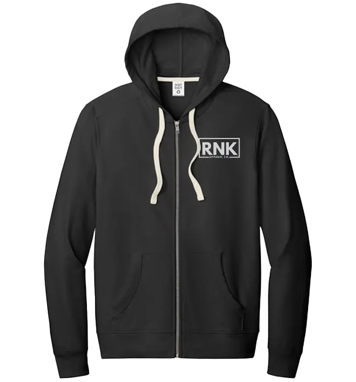 RNK Apparel Co. adult unisex white zip hoodie with logo, showing front view with zipper and logo design on chest area.