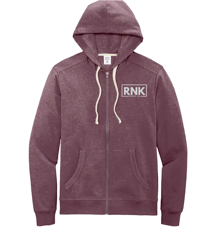 White RNK Apparel Co. unisex zip hoodie with a front logo, casual style, and comfortable fit for adults.